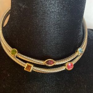 Silver rope statement choker necklace with beautiful colored stones